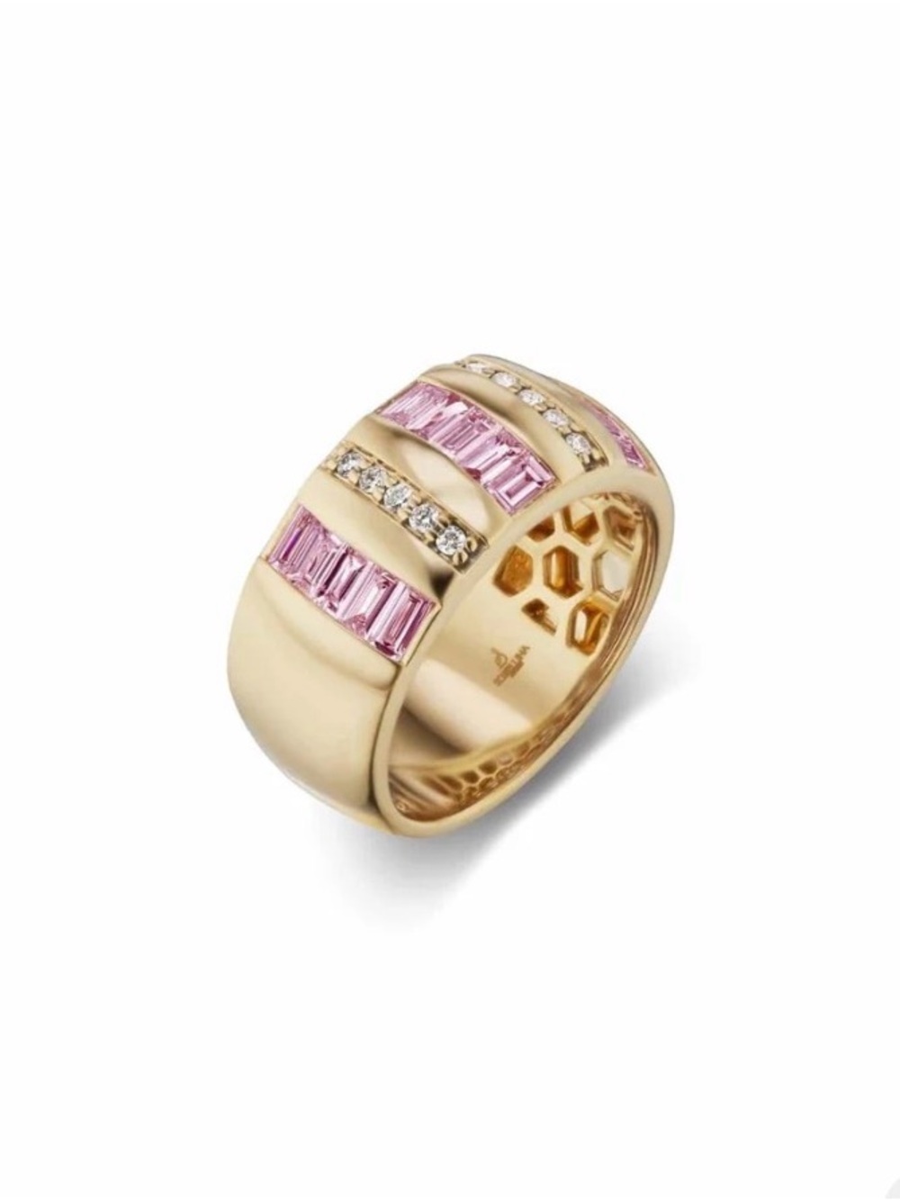 Sorellina 18k gold ring with diamonds and pink sapphire baguettes size 6